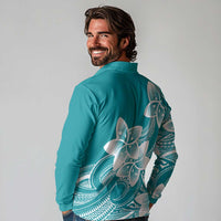 Polynesian Plumeria Flowers Tribal Long Sleeve Polo Shirt Pacific Tattoo Teal Style LT9 - Polynesian Pride