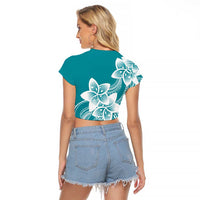 Polynesian Plumeria Flowers Tribal Raglan Cropped T Shirt Pacific Tattoo Teal Style - Polynesian Pride