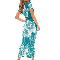 Polynesian Plumeria Flowers Tribal Short Sleeve Bodycon Dress Pacific Tattoo Teal Style LT9 - Polynesian Pride