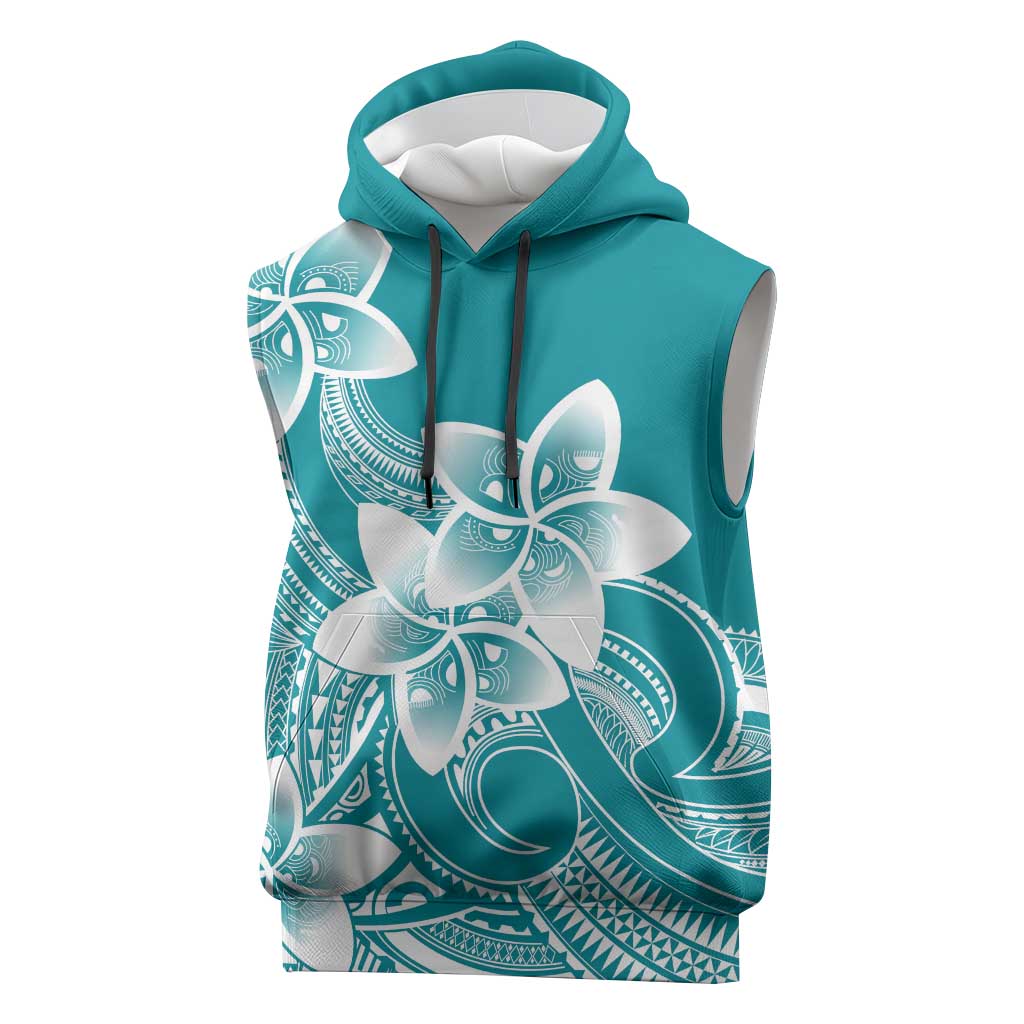Polynesian Plumeria Flowers Tribal Sleeveless Hoodie Pacific Tattoo Teal Style LT9 Teal - Polynesian Pride