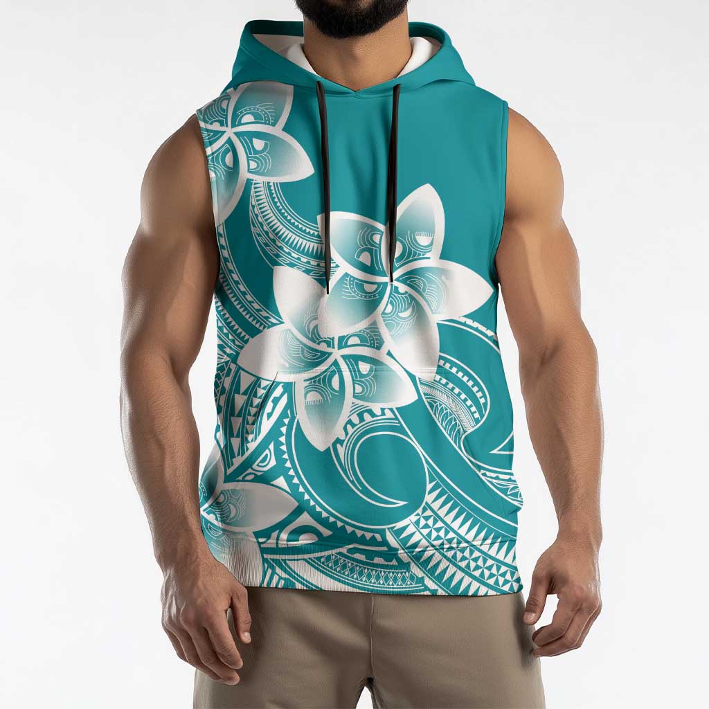 Polynesian Plumeria Flowers Tribal Sleeveless Hoodie Pacific Tattoo Teal Style LT9 - Polynesian Pride