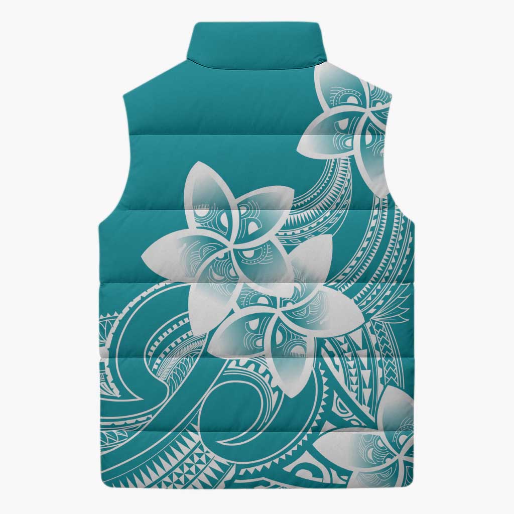 Polynesian Plumeria Flowers Tribal Sleeveless Puffer Jacket Pacific Tattoo Teal Style - Polynesian Pride