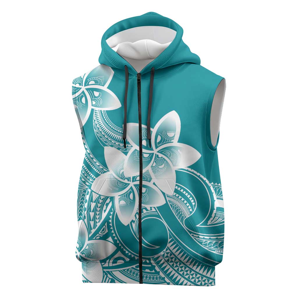 Polynesian Plumeria Flowers Tribal Sleeveless Zip Hoodie Pacific Tattoo Teal Style LT9 Teal - Polynesian Pride