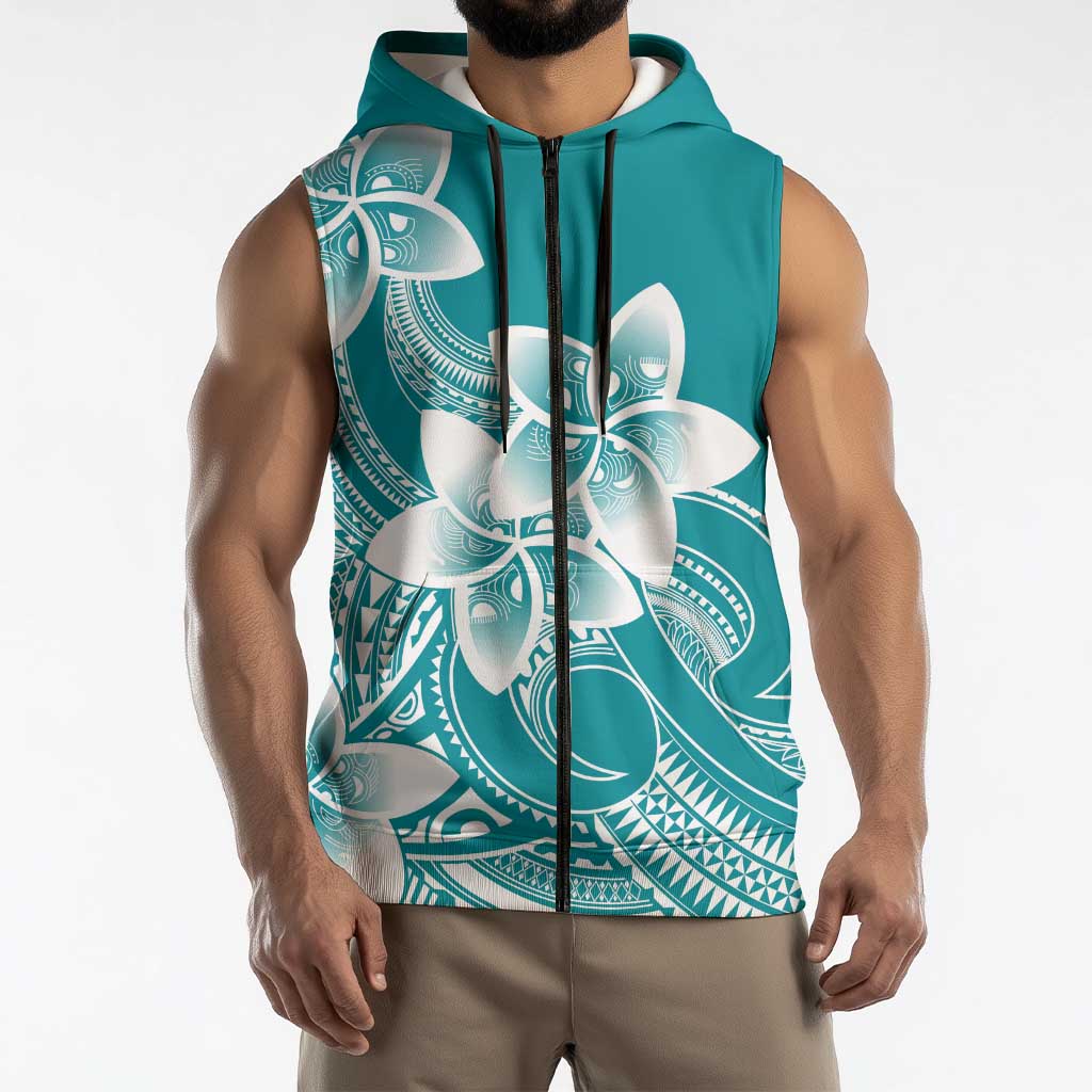 Polynesian Plumeria Flowers Tribal Sleeveless Zip Hoodie Pacific Tattoo Teal Style LT9 - Polynesian Pride