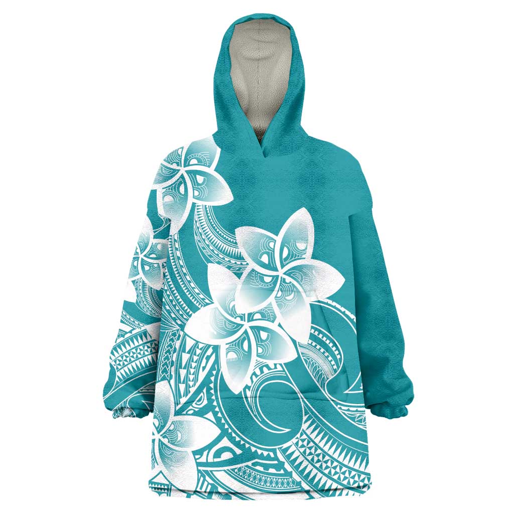 Polynesian Plumeria Flowers Tribal Wearable Blanket Hoodie Pacific Tattoo Teal Style LT9 One Size Teal - Polynesian Pride