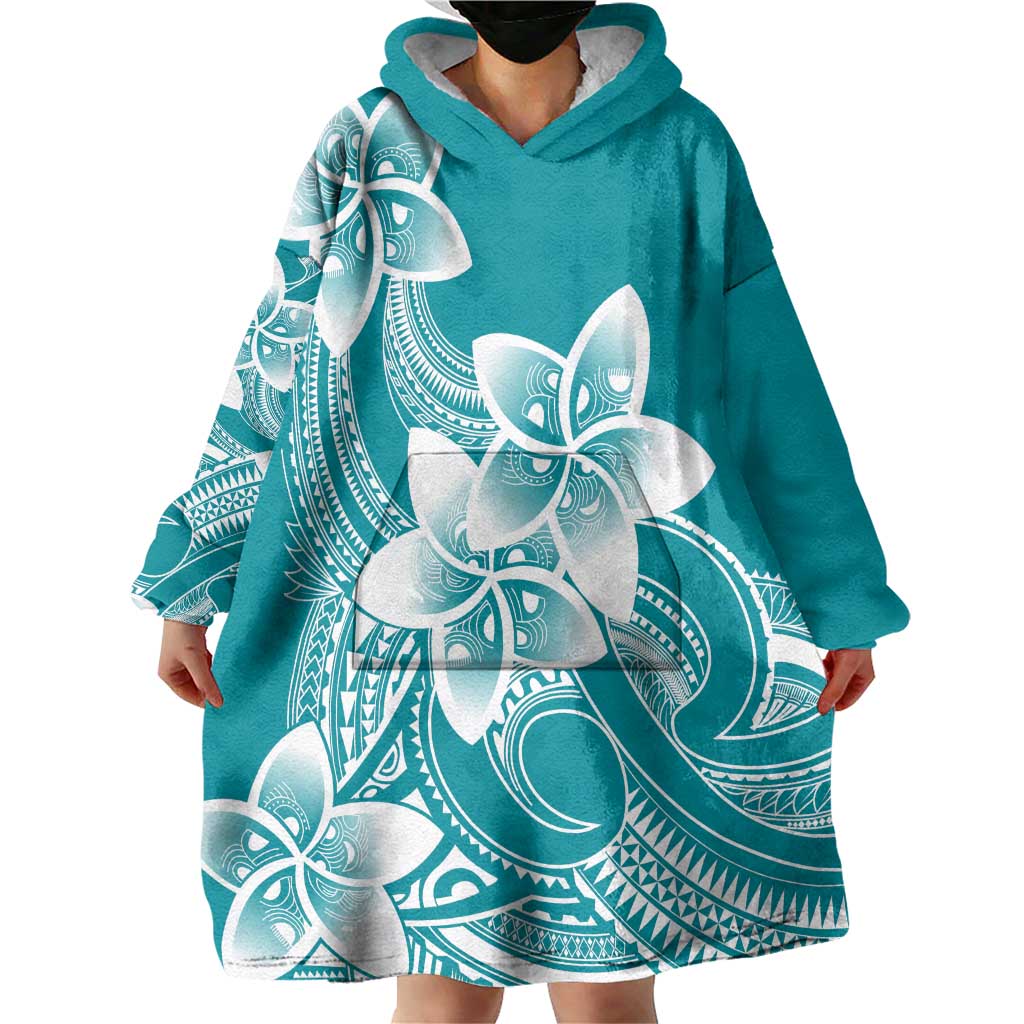 Polynesian Plumeria Flowers Tribal Wearable Blanket Hoodie Pacific Tattoo Teal Style LT9 - Polynesian Pride