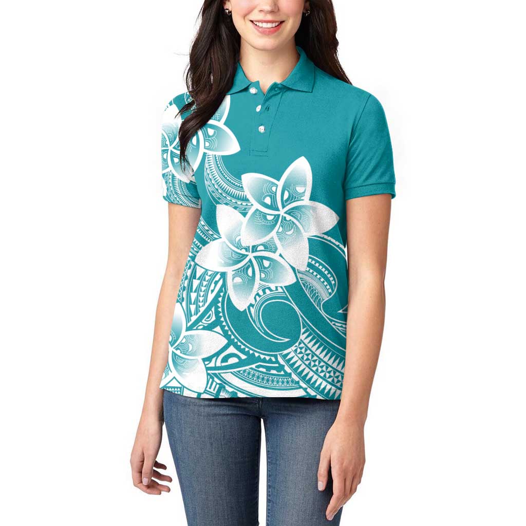 Polynesian Plumeria Flowers Tribal Women Polo Shirt Pacific Tattoo Teal Style - Polynesian Pride