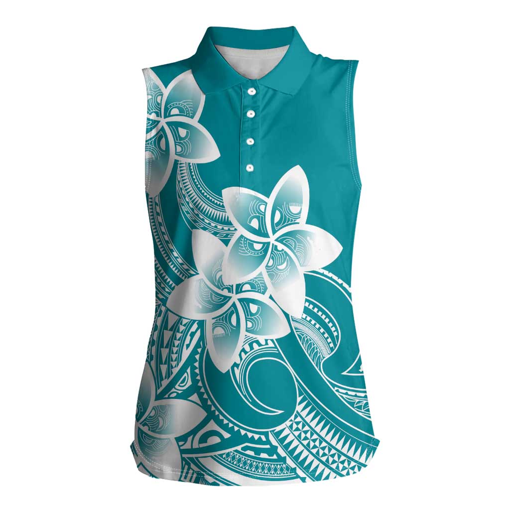 Polynesian Plumeria Flowers Tribal Women Sleeveless Polo Shirt Pacific Tattoo Teal Style LT9 Female Teal - Polynesian Pride