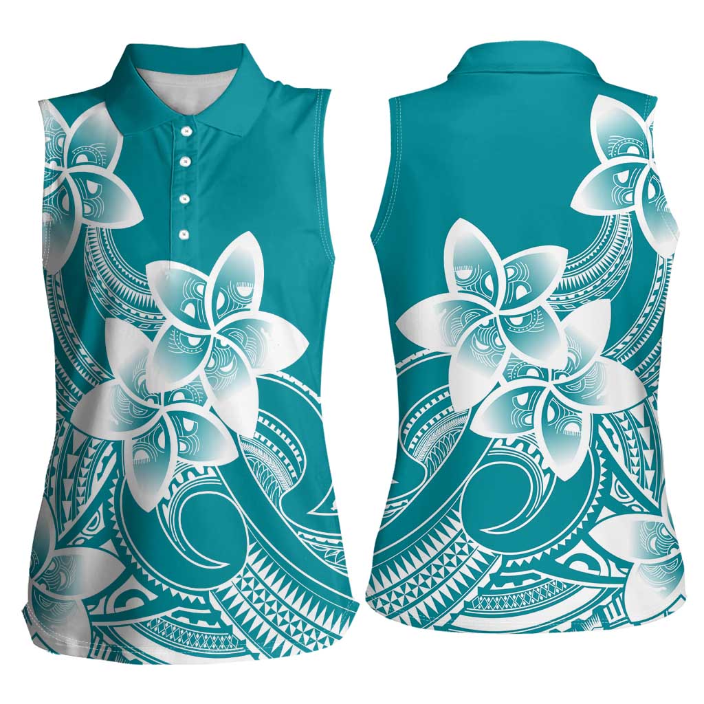 Polynesian Plumeria Flowers Tribal Women Sleeveless Polo Shirt Pacific Tattoo Teal Style LT9 - Polynesian Pride