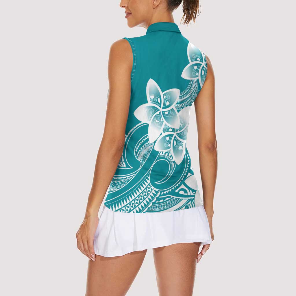 Polynesian Plumeria Flowers Tribal Women Sleeveless Polo Shirt Pacific Tattoo Teal Style LT9 - Polynesian Pride