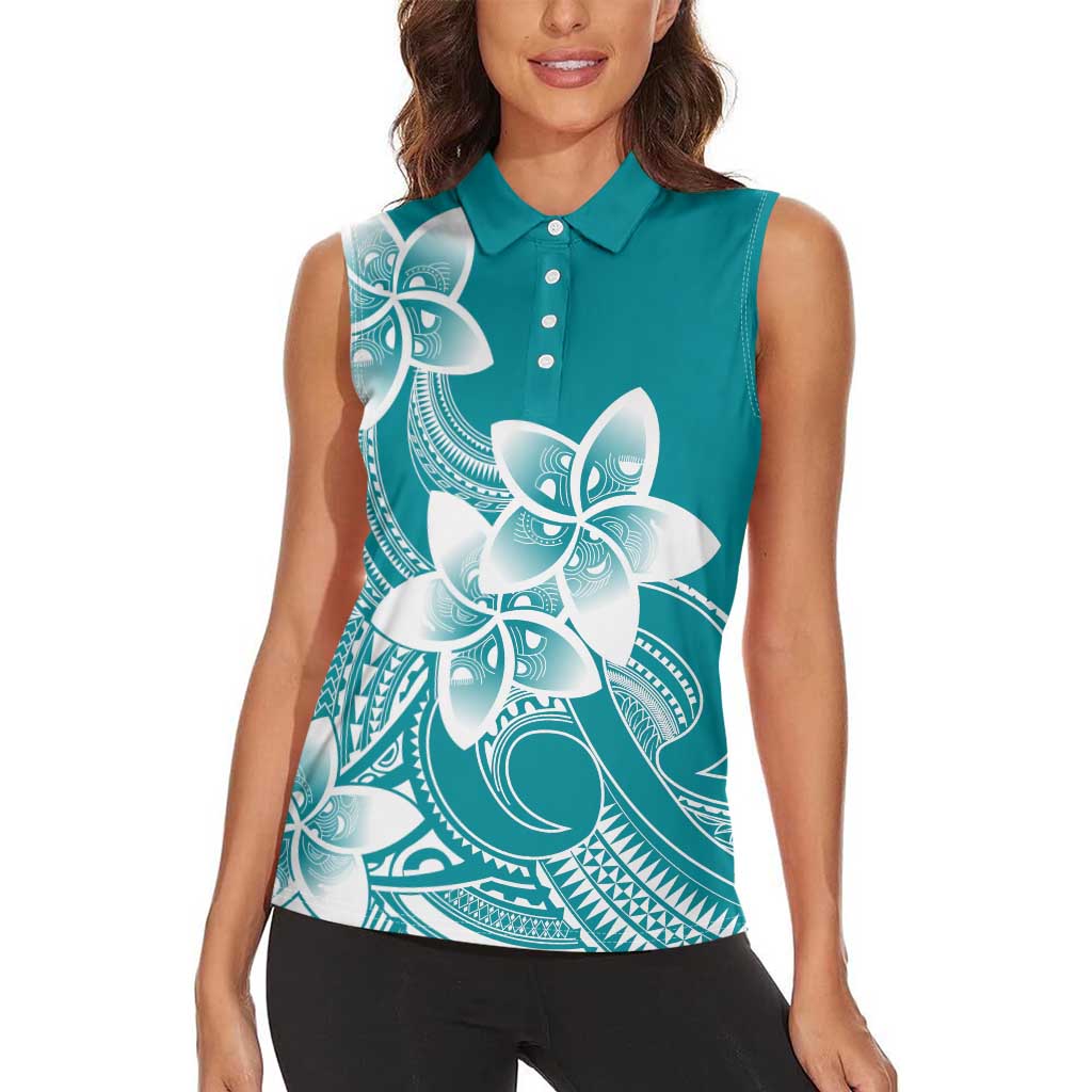Polynesian Plumeria Flowers Tribal Women Sleeveless Polo Shirt Pacific Tattoo Teal Style LT9 - Polynesian Pride