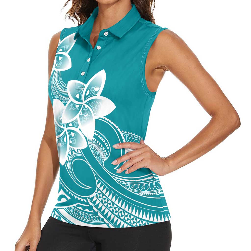 Polynesian Plumeria Flowers Tribal Women Sleeveless Polo Shirt Pacific Tattoo Teal Style LT9 - Polynesian Pride