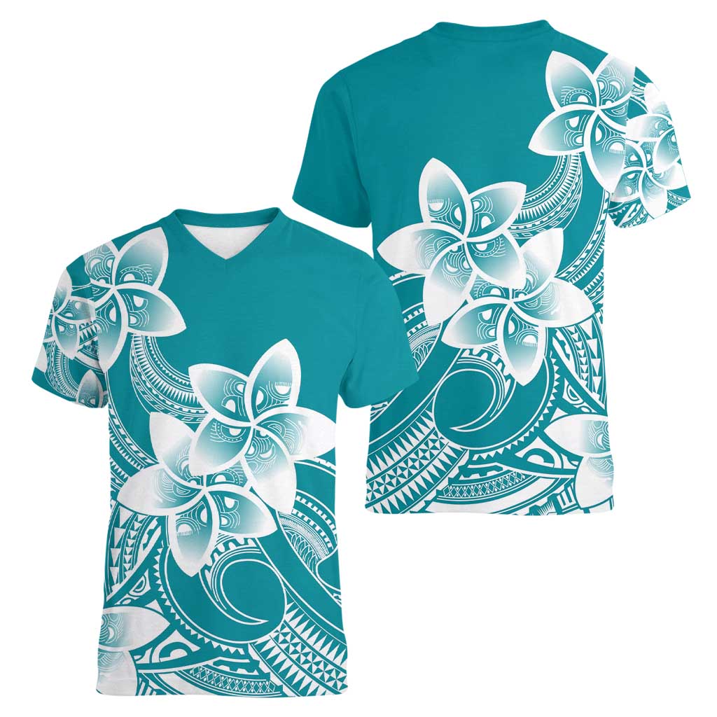 Polynesian Plumeria Flowers Tribal Women V-Neck T-Shirt Pacific Tattoo Teal Style LT9 - Polynesian Pride