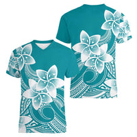 Polynesian Plumeria Flowers Tribal Women V-Neck T-Shirt Pacific Tattoo Teal Style LT9 - Polynesian Pride