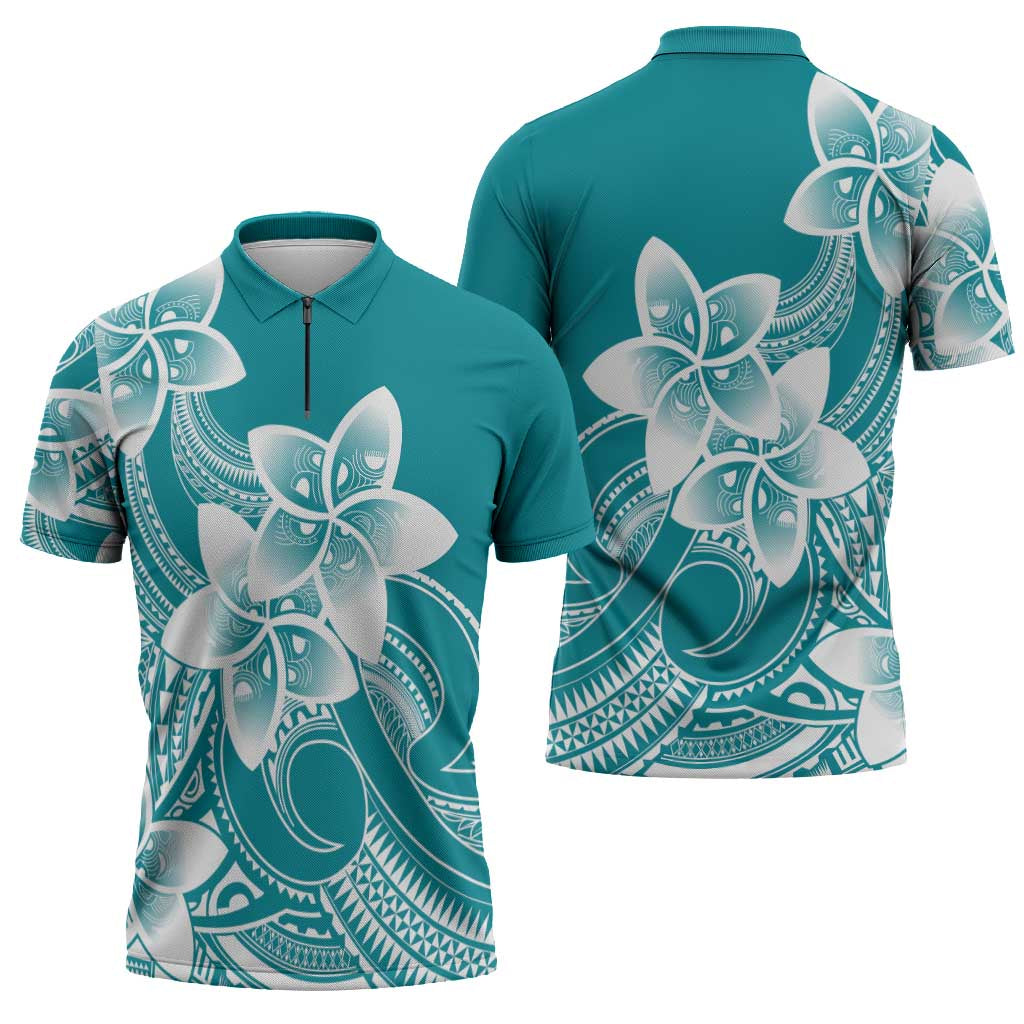 Polynesian Plumeria Flowers Tribal Zipper Polo Shirt Pacific Tattoo Teal Style LT9 - Polynesian Pride