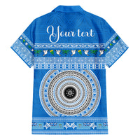 Personalised Fiji Marau Na Kerisimasi Family Matching Off Shoulder Long Sleeve Dress and Hawaiian Shirt Merry Christmas Tapa Pattern Blue Style LT9 - Polynesian Pride