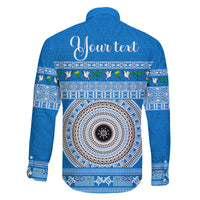 Personalised Fiji Marau Na Kerisimasi Family Matching Off Shoulder Long Sleeve Dress and Hawaiian Shirt Merry Christmas Tapa Pattern Blue Style LT9 - Polynesian Pride