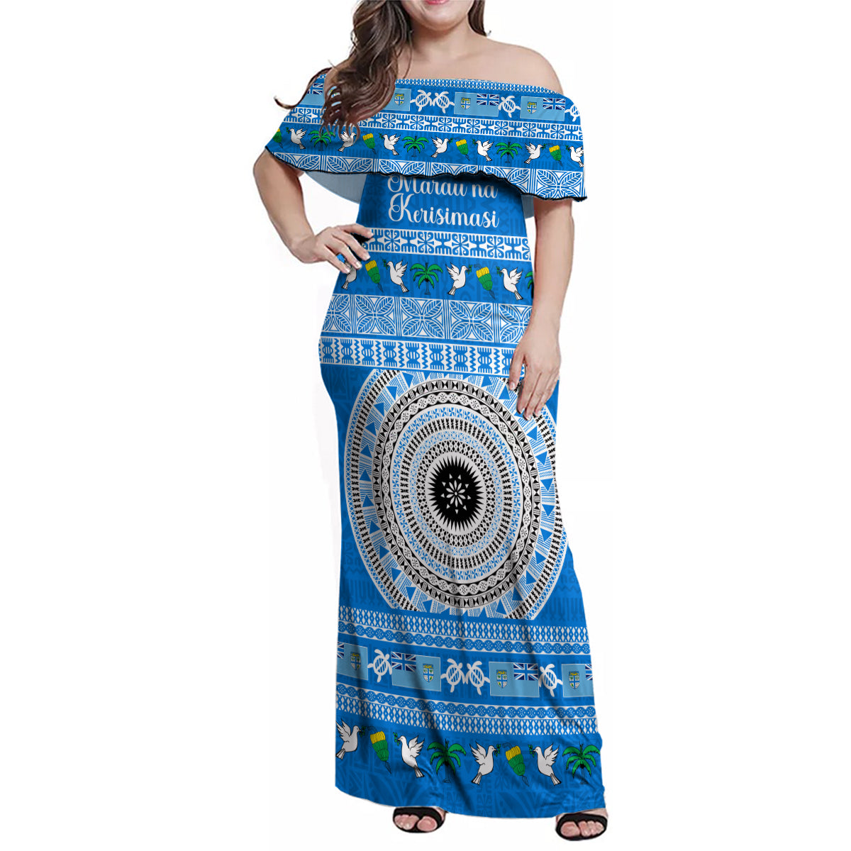 Personalised Fiji Marau Na Kerisimasi Family Matching Off Shoulder Maxi Dress and Hawaiian Shirt Merry Christmas Tapa Pattern Blue Style LT9 Mom's Dress Red - Polynesian Pride