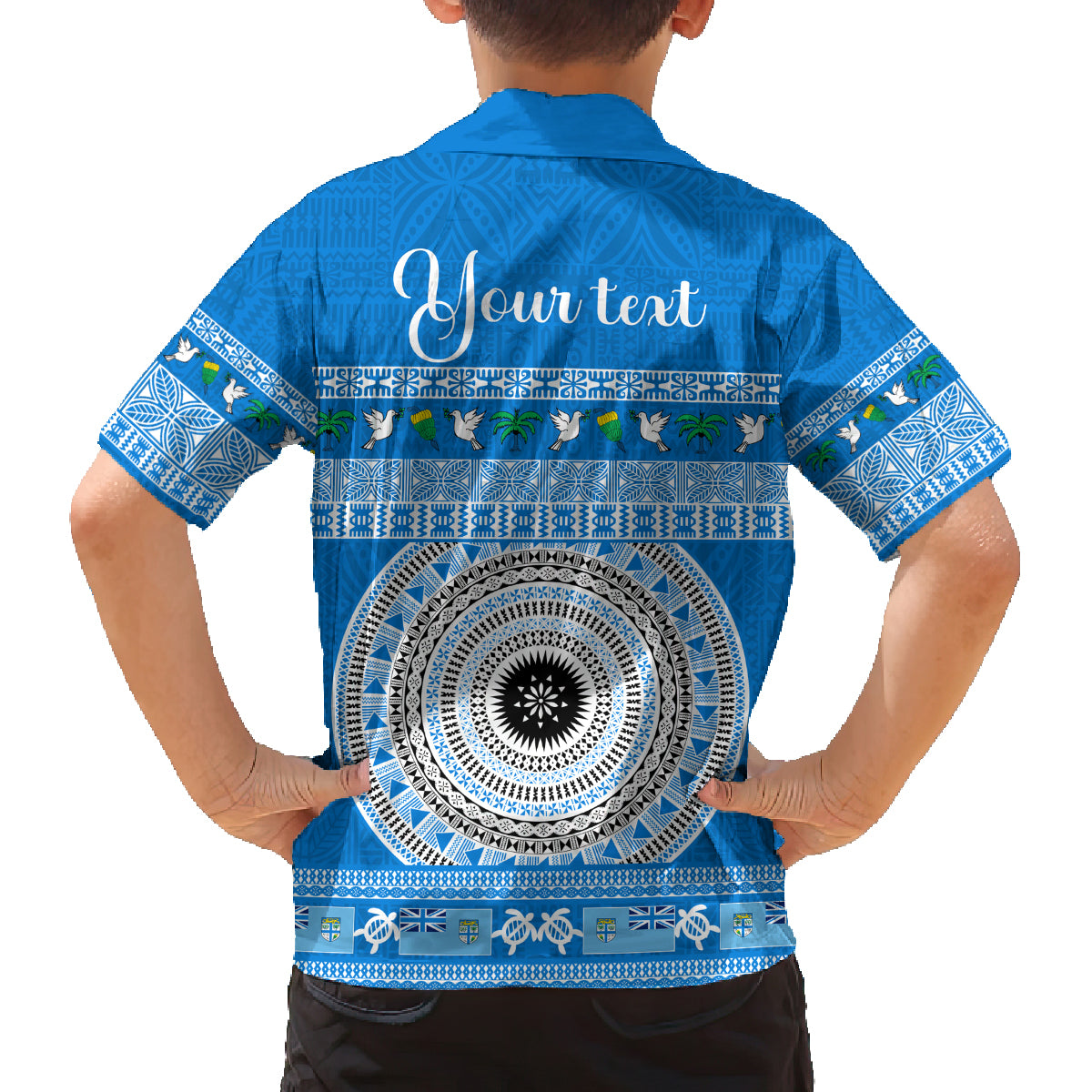 Personalised Fiji Marau Na Kerisimasi Family Matching Off Shoulder Short Dress and Hawaiian Shirt Merry Christmas Tapa Pattern Blue Style LT9 - Polynesian Pride