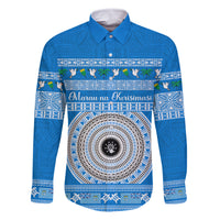 Personalised Fiji Marau Na Kerisimasi Family Matching Off Shoulder Short Dress and Hawaiian Shirt Merry Christmas Tapa Pattern Blue Style LT9 Dad's Shirt - Long Sleeve Red - Polynesian Pride