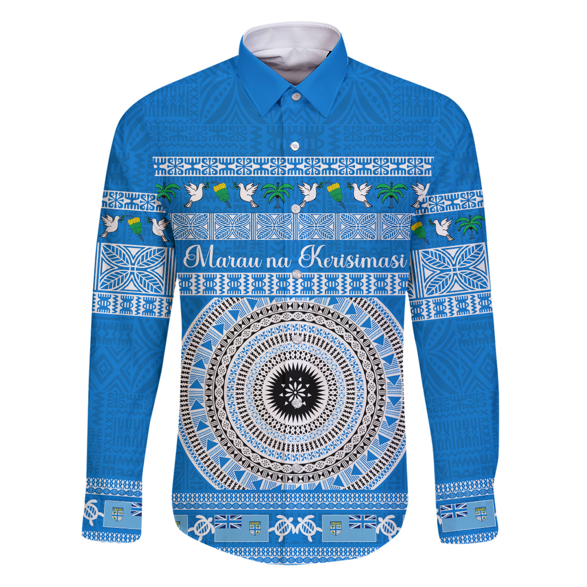Personalised Fiji Marau Na Kerisimasi Family Matching Puletasi Dress and Hawaiian Shirt Merry Christmas Tapa Pattern Blue Style LT9 Dad's Shirt - Long Sleeve Red - Polynesian Pride