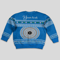 Personalised Fiji Marau Na Kerisimasi Kid Ugly Christmas Sweater Merry Christmas Tapa Pattern Blue Style LT9 - Polynesian Pride