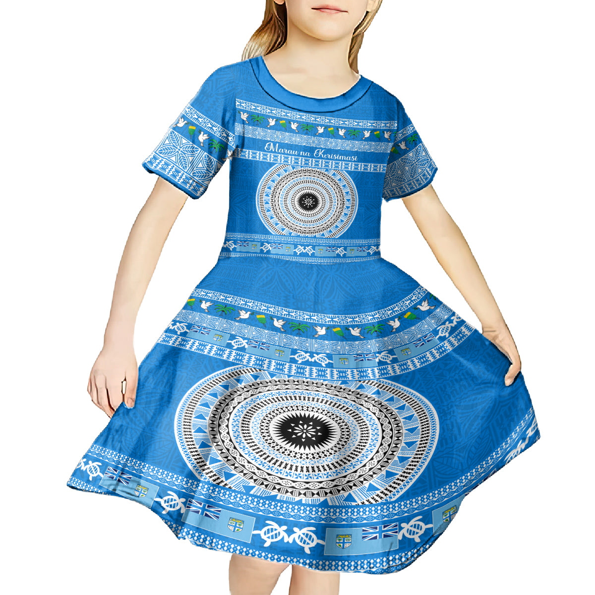 Personalised Fiji Marau Na Kerisimasi Kid Short Sleeve Dress Merry Christmas Tapa Pattern Blue Style LT9 - Polynesian Pride