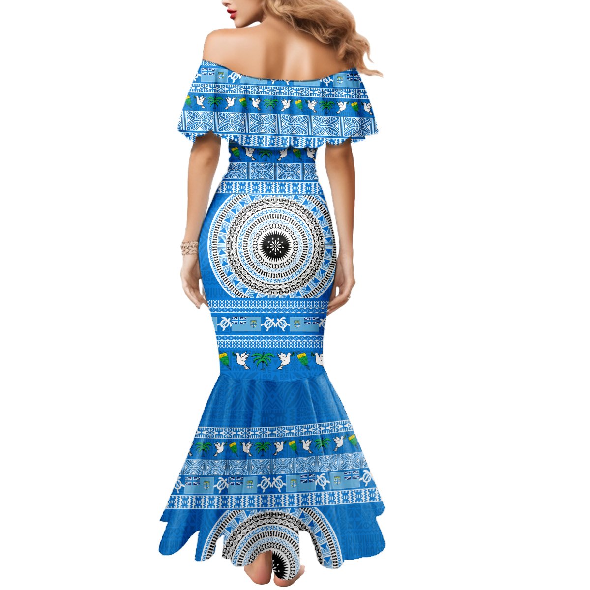 Personalised Fiji Marau Na Kerisimasi Mermaid Dress Merry Christmas Tapa Pattern Blue Style LT9 - Polynesian Pride