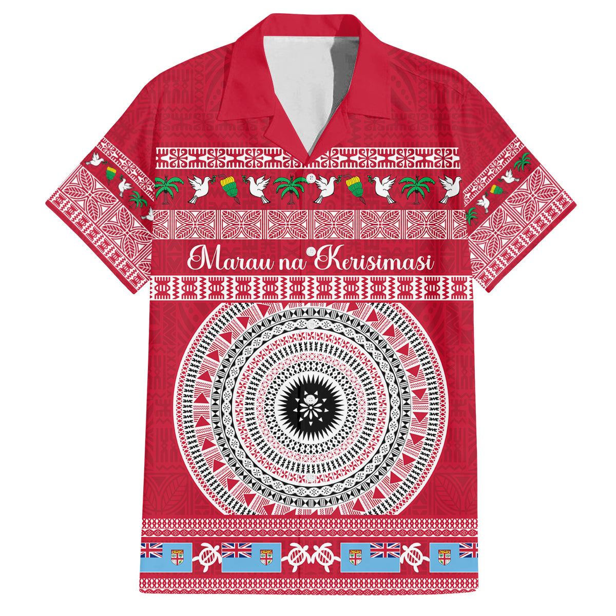 Personalised Fiji Marau Na Kerisimasi Family Matching Long Sleeve Bodycon Dress and Hawaiian Shirt Merry Christmas Tapa Pattern Red Style LT9 Dad's Shirt - Short Sleeve Red - Polynesian Pride