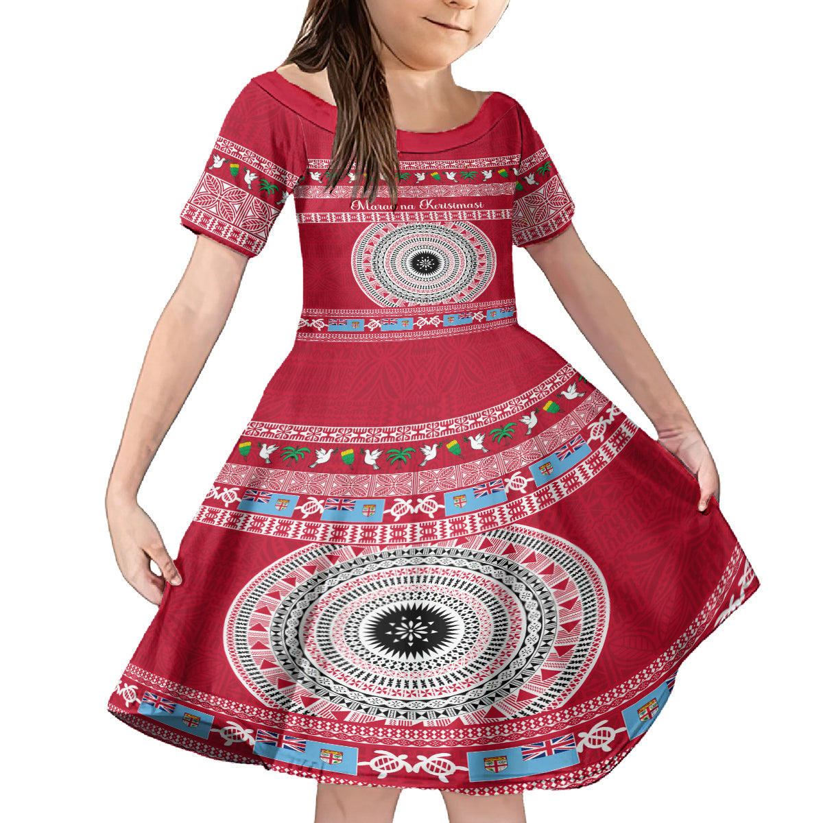 Personalised Fiji Marau Na Kerisimasi Family Matching Off Shoulder Long Sleeve Dress and Hawaiian Shirt Merry Christmas Tapa Pattern Red Style LT9 Daughter's Dress Red - Polynesian Pride