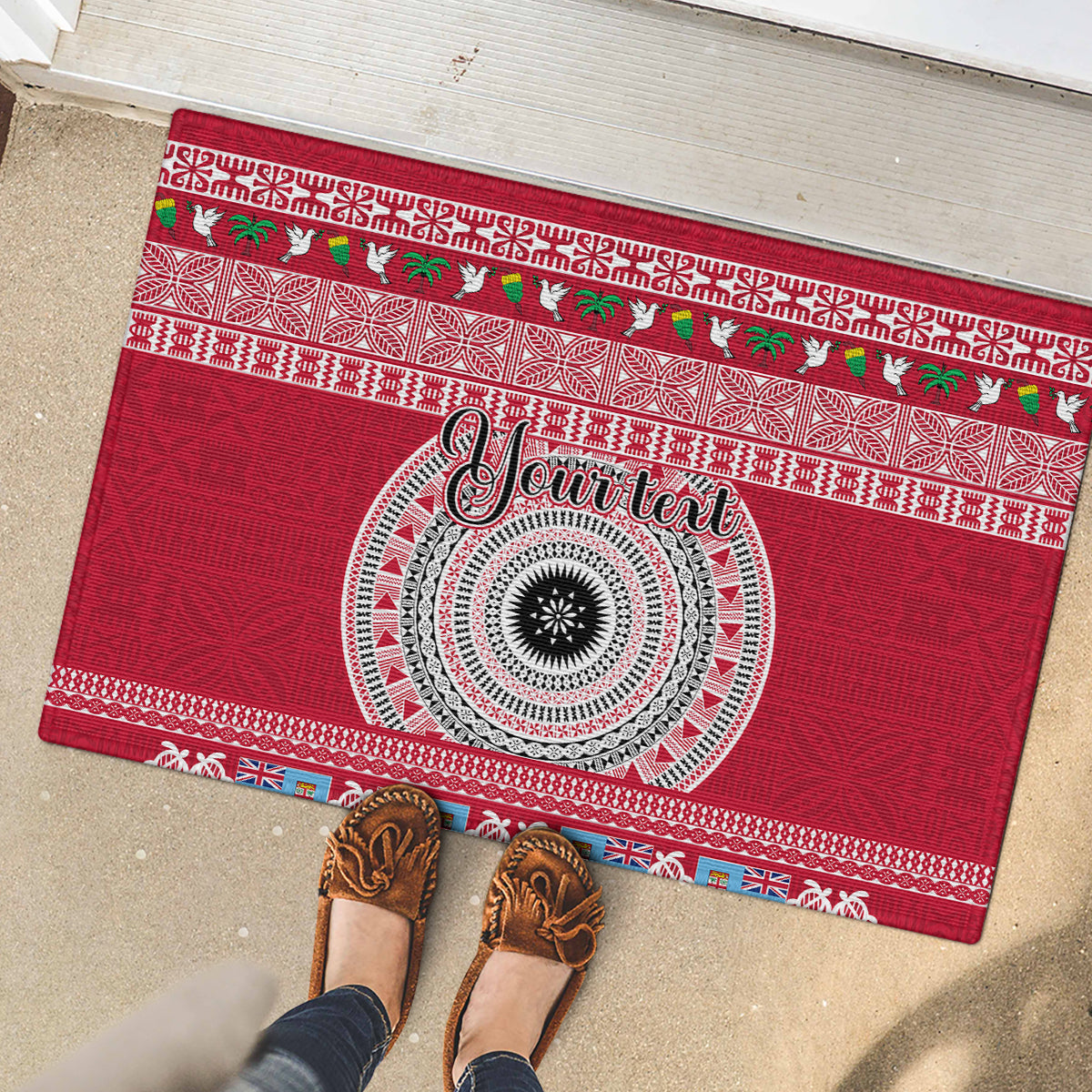Personalised Fiji Marau Na Kerisimasi Rubber Doormat Merry Christmas Tapa Pattern Red Style LT9 - Polynesian Pride