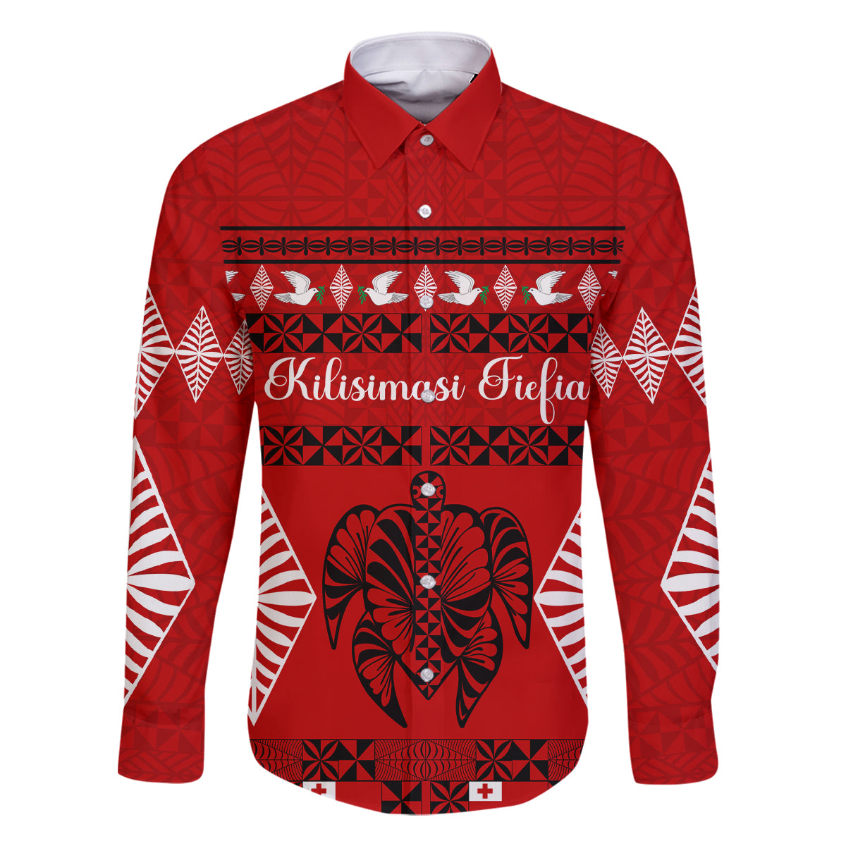 Personalised Tonga Kilisimasi Fiefia Family Matching Summer Maxi Dress and Hawaiian Shirt Merry Christmas with Turtle Ngatu Pattern LT9 Dad's Shirt - Long Sleeve Red - Polynesian Pride