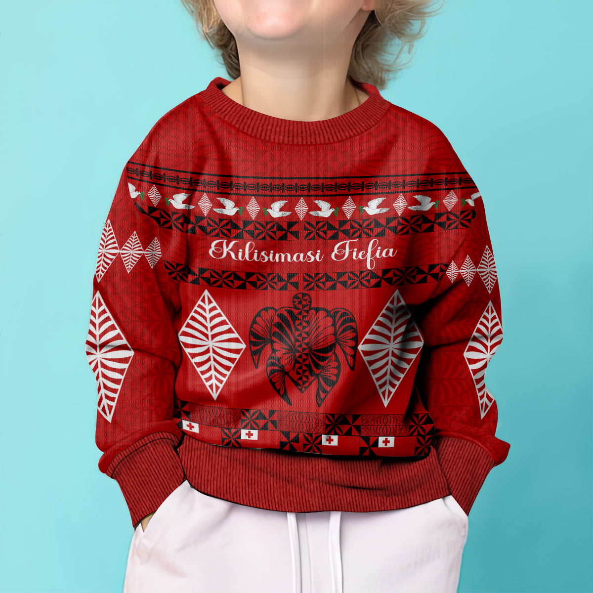 Personalised Tonga Kilisimasi Fiefia Kid Ugly Christmas Sweater Merry Christmas with Turtle Ngatu Pattern LT9 - Polynesian Pride