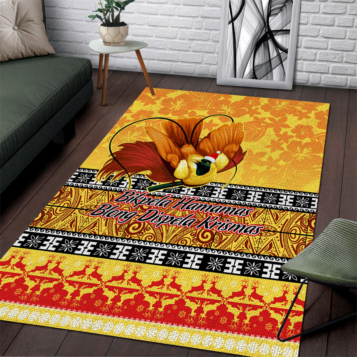 PNG Hamamas Krismas Area Rug Papua New Guinea Bird Of Paradise Merry Christmas Gold Style LT9 Gold - Polynesian Pride