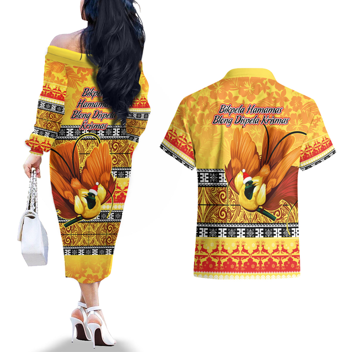PNG Hamamas Krismas Couples Matching Off The Shoulder Long Sleeve Dress and Hawaiian Shirt Papua New Guinea Bird Of Paradise Merry Christmas Gold Style LT9 - Polynesian Pride