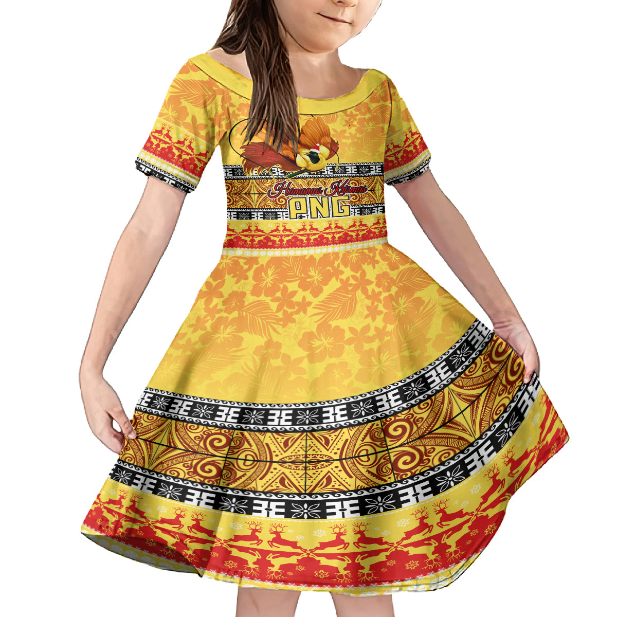 PNG Hamamas Krismas Family Matching Off Shoulder Long Sleeve Dress and Hawaiian Shirt Papua New Guinea Bird Of Paradise Merry Christmas Gold Style LT9 Daughter's Dress Gold - Polynesian Pride