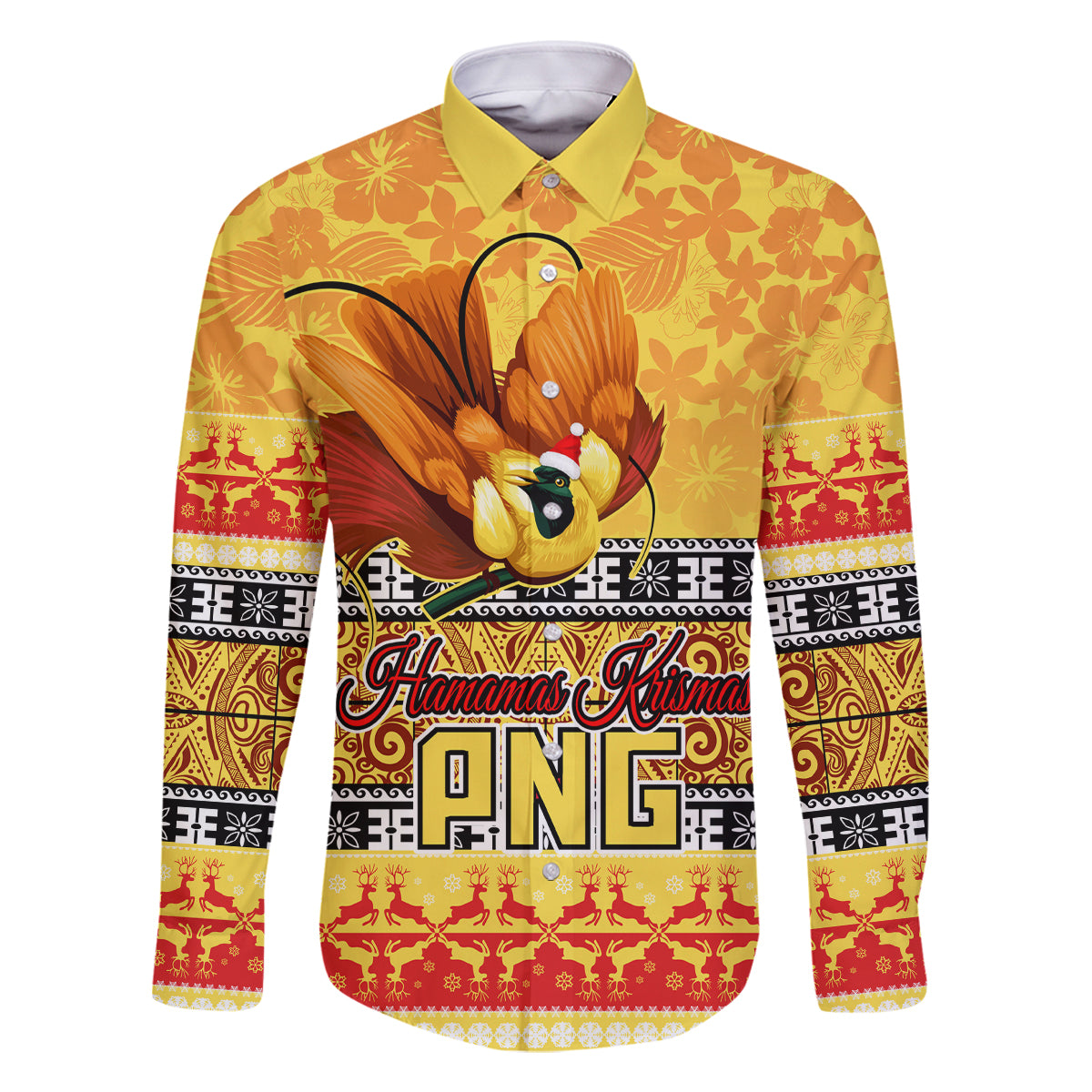 Personalised PNG Hamamas Krismas Family Matching Off Shoulder Long Sleeve Dress and Hawaiian Shirt Papua New Guinea Bird Of Paradise Merry Christmas Gold Style LT9 Dad's Shirt - Long Sleeve Gold - Polynesian Pride