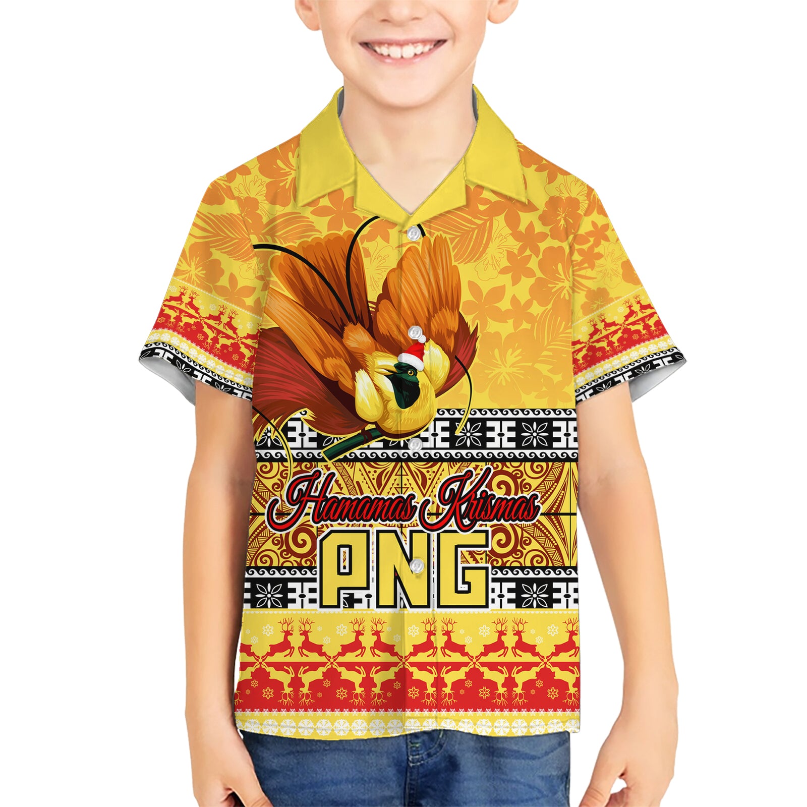 Personalised PNG Hamamas Krismas Kid Hawaiian Shirt Papua New Guinea Bird Of Paradise Merry Christmas Gold Style LT9 Kid Gold - Polynesian Pride
