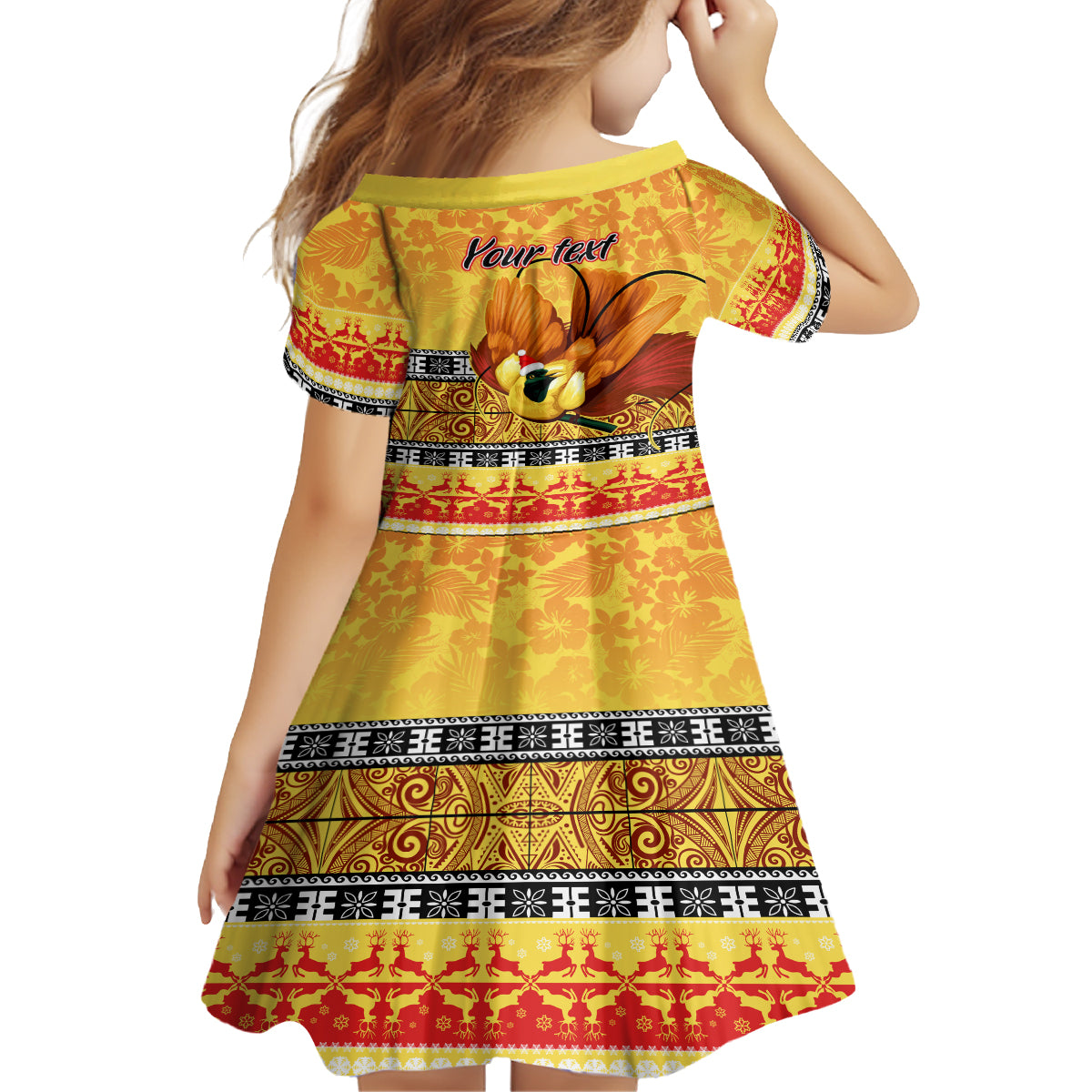 Personalised PNG Hamamas Krismas Kid Short Sleeve Dress Papua New Guinea Bird Of Paradise Merry Christmas Gold Style LT9 - Polynesian Pride