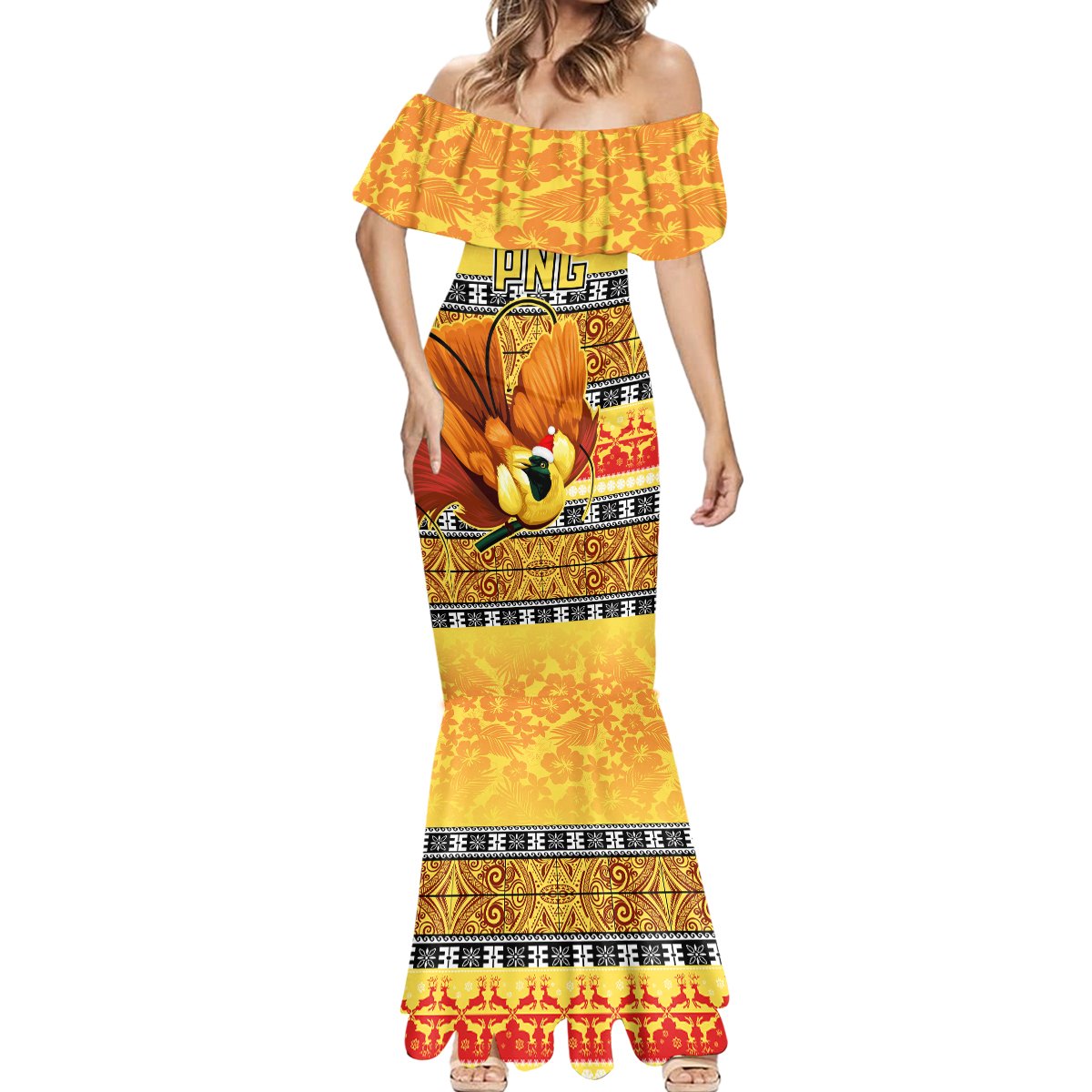 Personalised PNG Hamamas Krismas Mermaid Dress Papua New Guinea Bird Of Paradise Merry Christmas Gold Style LT9 - Polynesian Pride