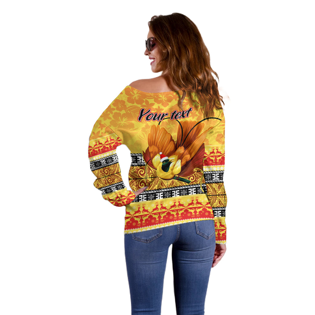 Personalised PNG Hamamas Krismas Off Shoulder Sweater Papua New Guinea Bird Of Paradise Merry Christmas Gold Style LT9 - Polynesian Pride