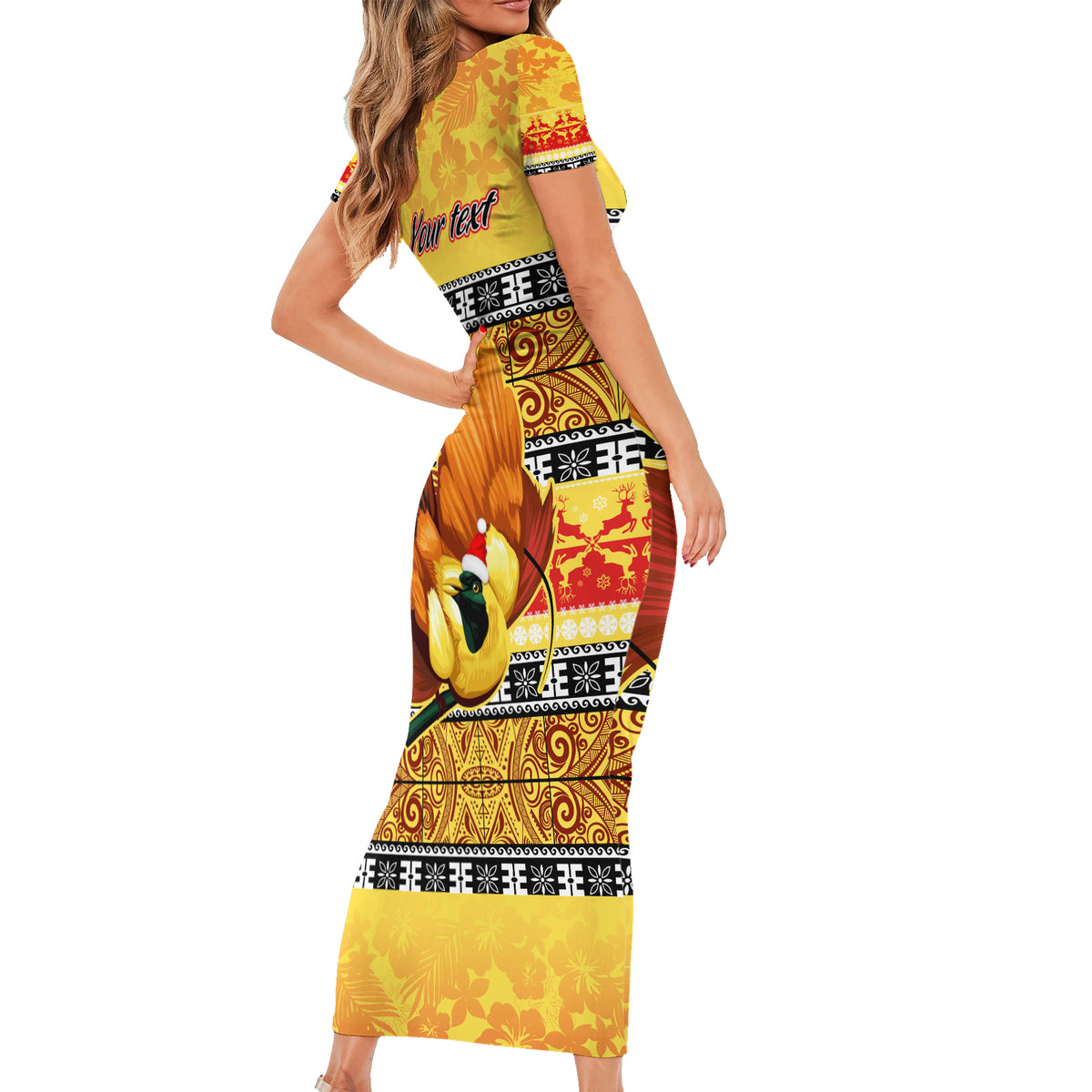 Personalised PNG Hamamas Krismas Short Sleeve Bodycon Dress Papua New Guinea Bird Of Paradise Merry Christmas Gold Style LT9 - Polynesian Pride