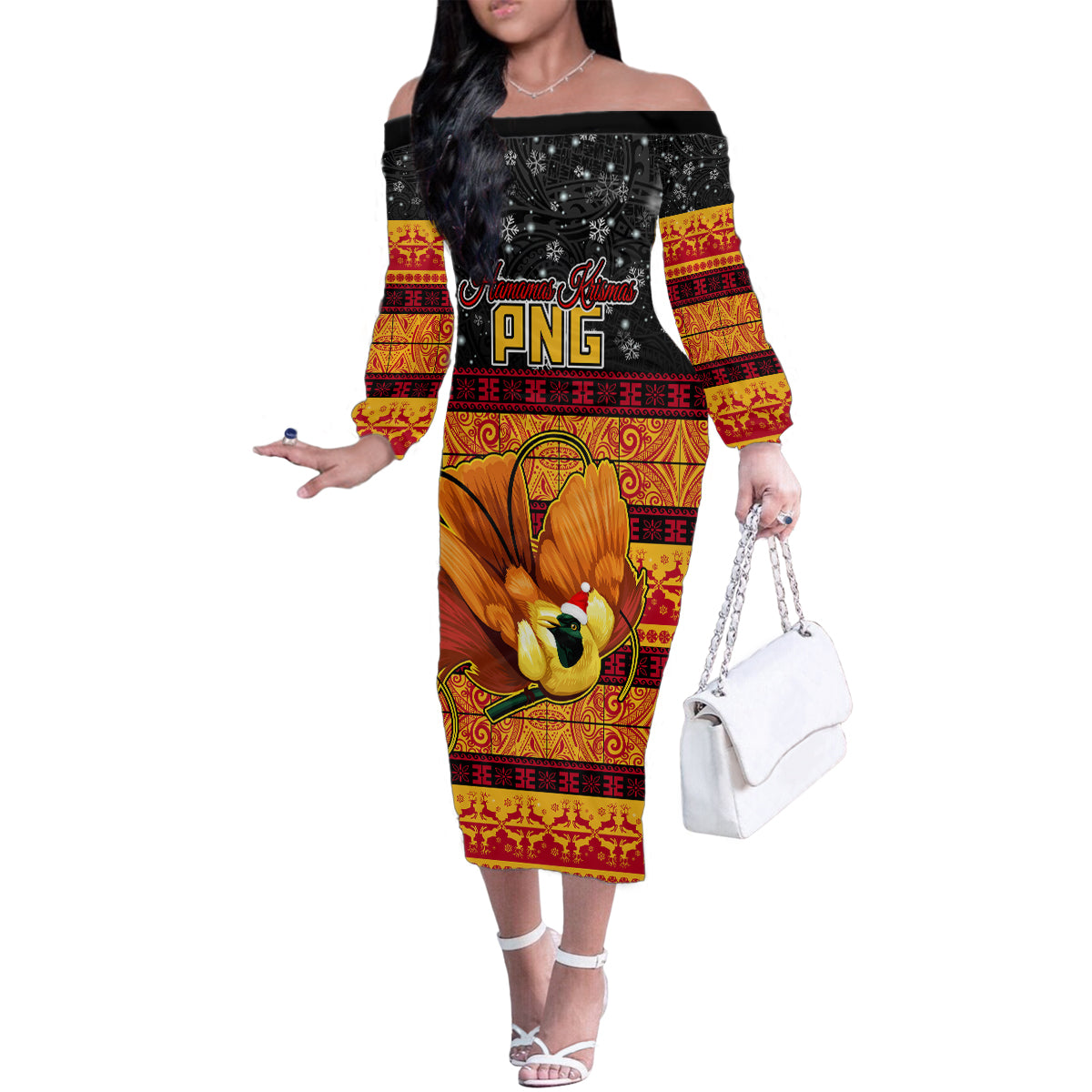 PNG Hamamas Krismas Family Matching Off Shoulder Long Sleeve Dress and Hawaiian Shirt Papua New Guinea Bird Of Paradise Merry Christmas Black Style LT9 Mom's Dress Black - Polynesian Pride