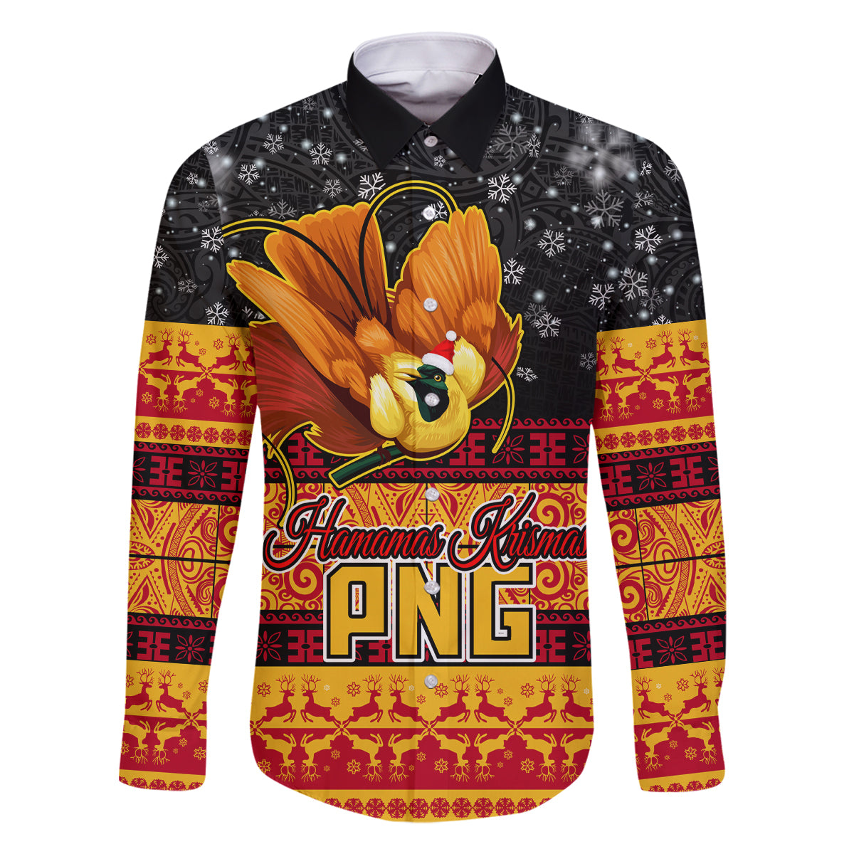 PNG Hamamas Krismas Family Matching Off Shoulder Maxi Dress and Hawaiian Shirt Papua New Guinea Bird Of Paradise Merry Christmas Black Style LT9 Dad's Shirt - Long Sleeve Black - Polynesian Pride