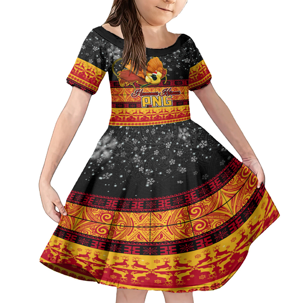 PNG Hamamas Krismas Kid Short Sleeve Dress Papua New Guinea Bird Of Paradise Merry Christmas Black Style LT9 KID Black - Polynesian Pride