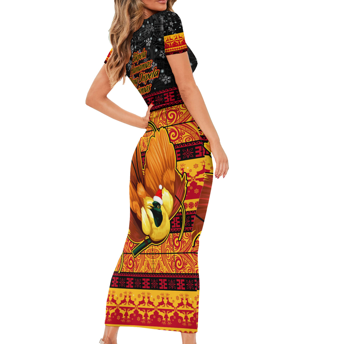 PNG Hamamas Krismas Short Sleeve Bodycon Dress Papua New Guinea Bird Of Paradise Merry Christmas Black Style LT9 - Polynesian Pride