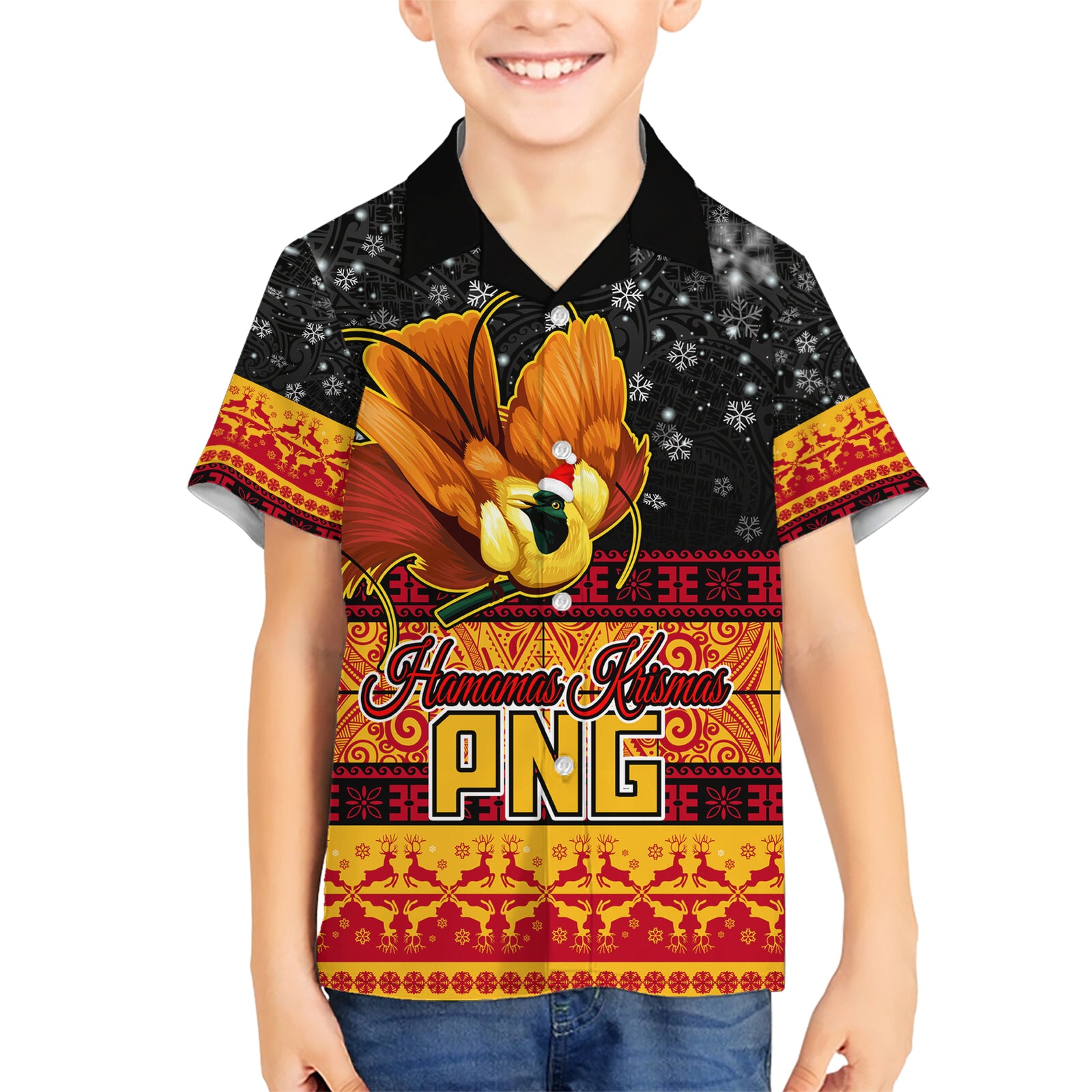 Personalised PNG Hamamas Krismas Kid Hawaiian Shirt Papua New Guinea Bird Of Paradise Merry Christmas Black Style LT9 Kid Black - Polynesian Pride