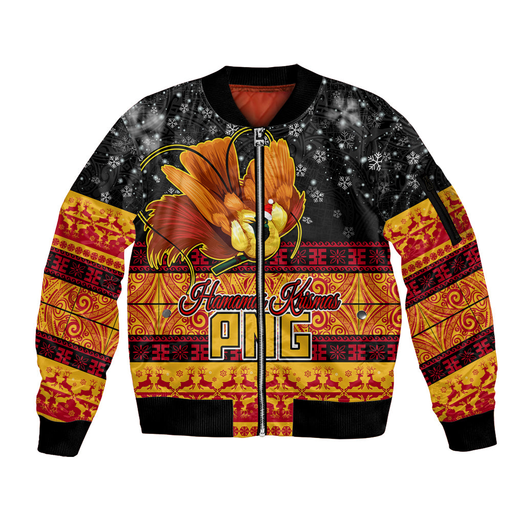 Personalised PNG Hamamas Krismas Sleeve Zip Bomber Jacket Papua New Guinea Bird Of Paradise Merry Christmas Black Style LT9 Unisex Black - Polynesian Pride