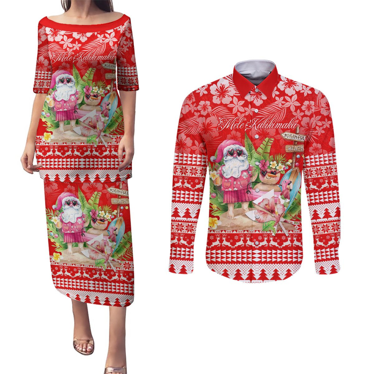 Personalised Hawaii Mele Kalikimaka Couples Matching Puletasi Dress and Long Sleeve Button Shirt Santa Beach Merry Christmas LT9 Red - Polynesian Pride