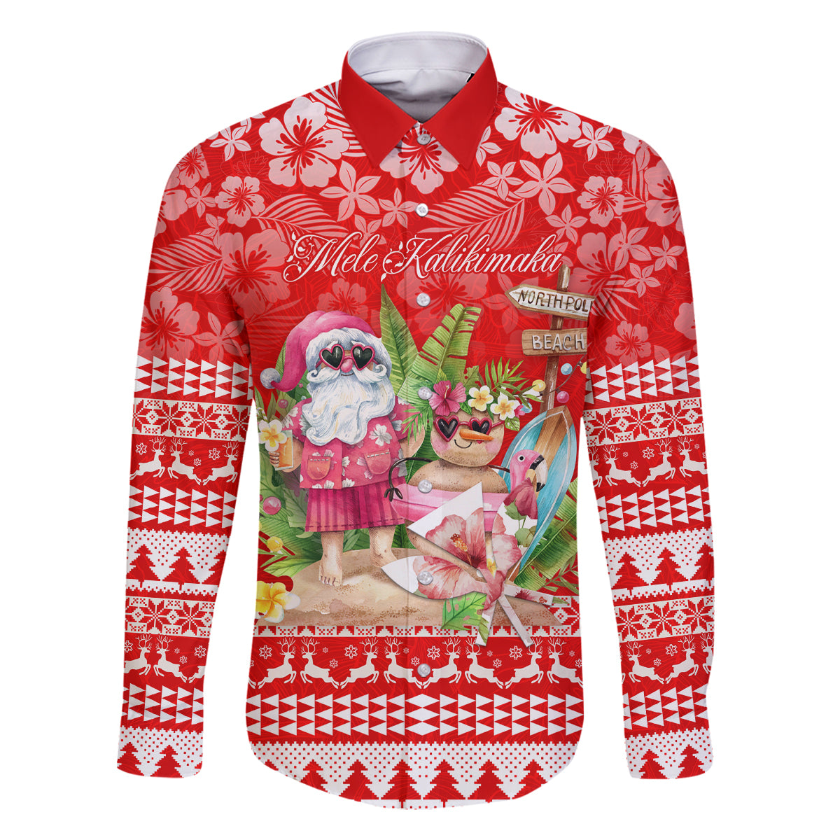 Personalised Hawaii Mele Kalikimaka Family Matching Off Shoulder Maxi Dress and Hawaiian Shirt Santa Beach Merry Christmas LT9 Dad's Shirt - Long Sleeve Red - Polynesian Pride
